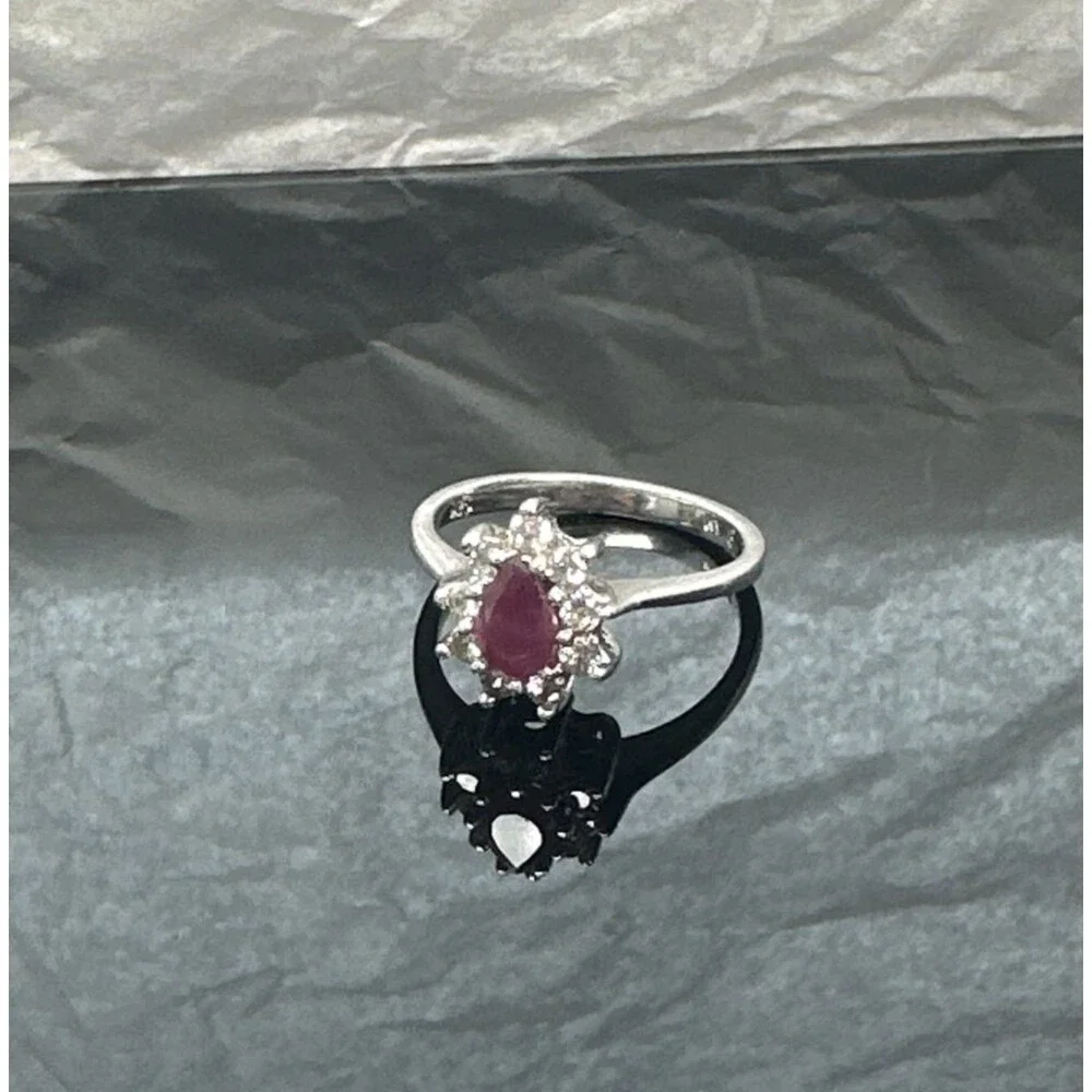 925 Sterling Silver Pear Ruby-Created Halo Ring Size 6 – 2.6g NV Marked